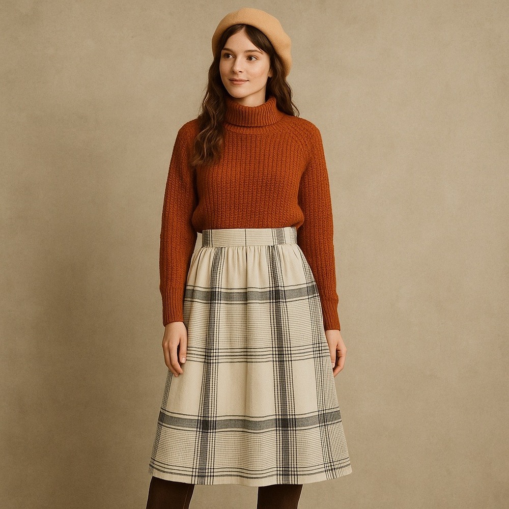 Vintage 70s 80s Clyde Plaid‎ Midi Skirt High Waist A Line Black White Check 3/4